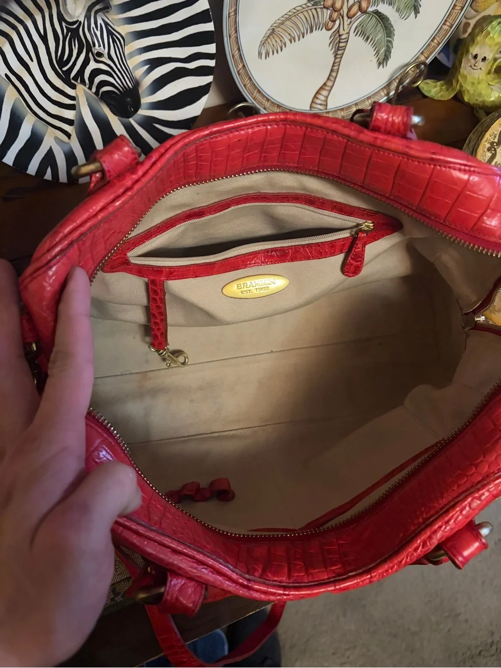 Brahmin Red Croc-Embossed Satchel with Gold Hardware